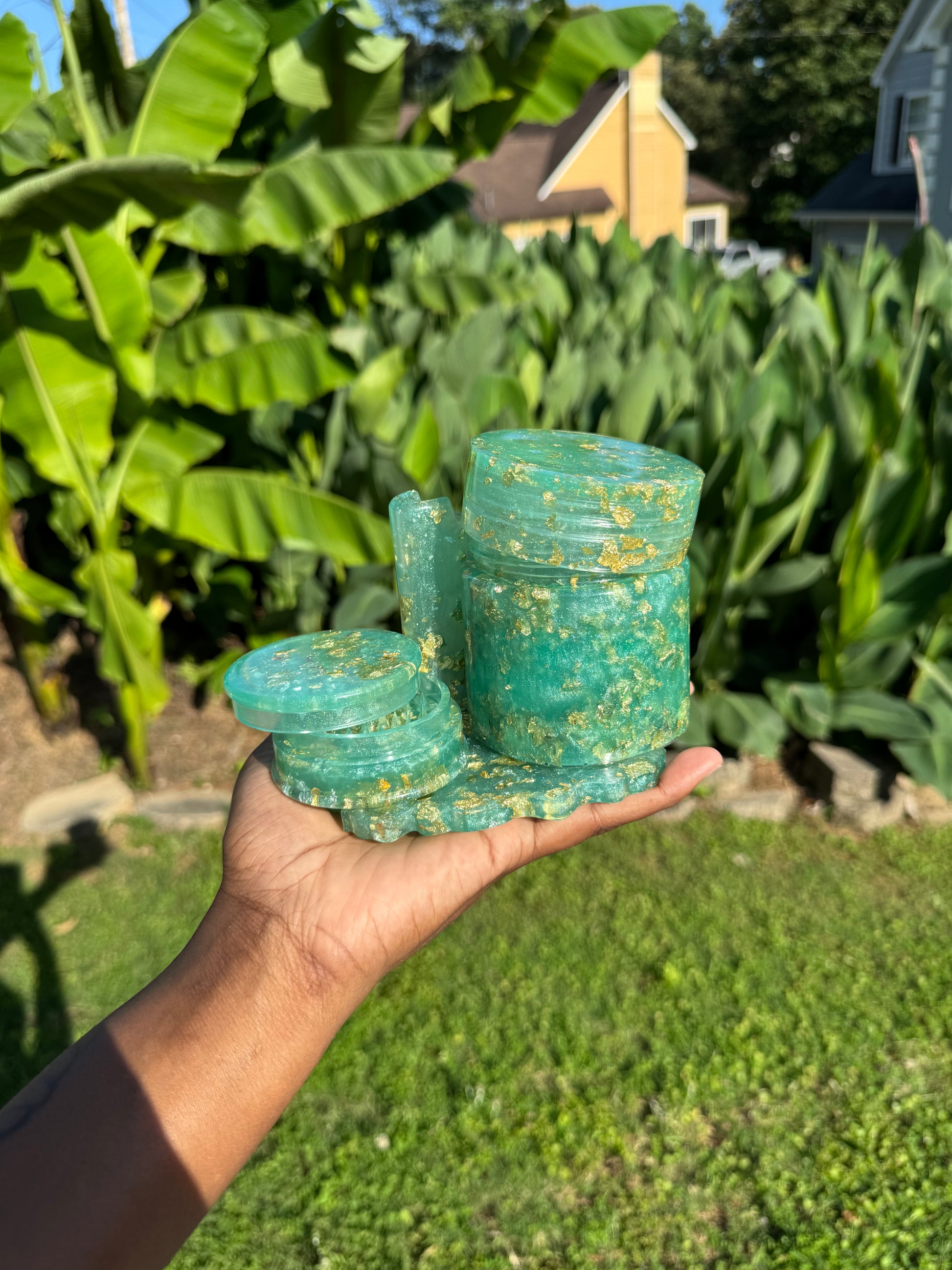 Mint green 24k set Stash Jar With Matching Lighter Cover ,matching herb Grinder an matching tray