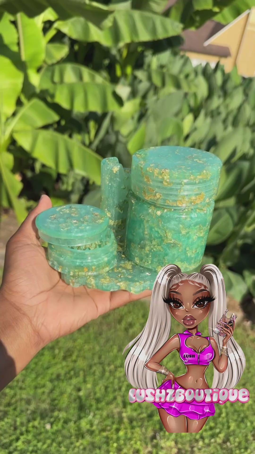Mint green 24k set Stash Jar With Matching Lighter Cover ,matching herb Grinder an matching tray
